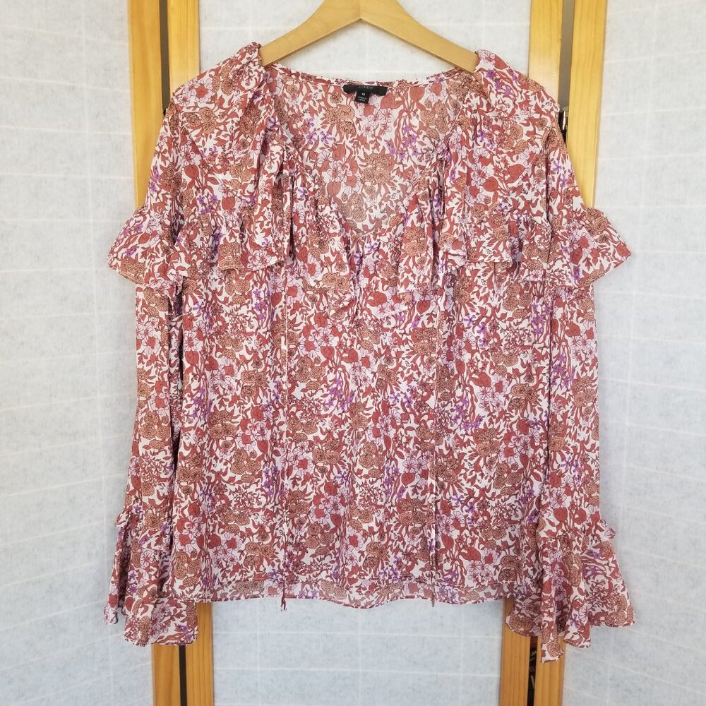 J.Crew Ruffle crinkle chiffon Blouse top Rust Floral Size Medium Cottage Boho